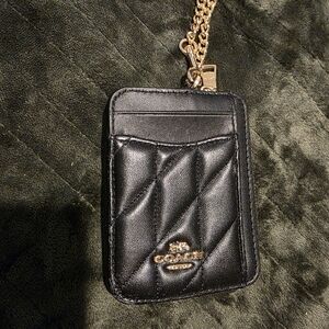 Coach Quilted Black Card Holder with Gold Chain